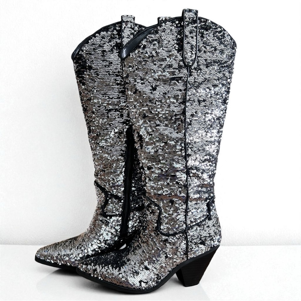 INC International Concepts Silver Sequin Heeled Boots